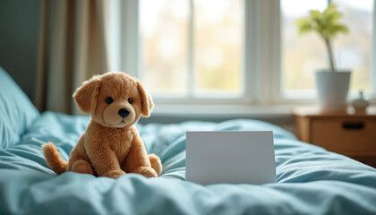 Fluffy dog toy sits on soft blue bed next to blank white card. Cozy bedroom scene implies heartfelt get well soon wishes thoughtful home care for sick child. Warm morning light fills quiet indoor