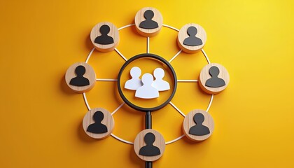 Conceptual graphic shows people icons connected in network. Magnifying glass highlights center group. Business concept of team building and recruitment. Analysis of employee data. Finding talent.