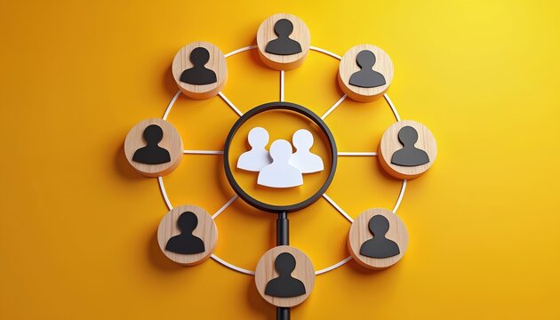 Conceptual graphic shows people icons connected in network. Magnifying glass highlights center group. Business concept of team building and recruitment. Analysis of employee data. Finding talent.