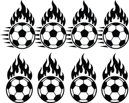 Dynamic row of eight fiery soccer balls ignited with flames symbolizing intense competition and energetic sports action - Powered by Adobe