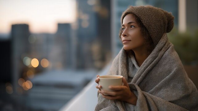 A patient sitting on a balcony wrapped in a blanket after a long illness, sipping warm soup while the sun sets behind city rooftops — quiet healing moment, comfort during recovery, and restorative - Powered by Adobe