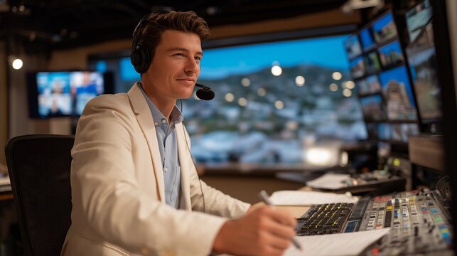 A simultaneous interpreter in a modern broadcast studio translating a breaking news segment in real time &mdash; fast-paced media translation, live broadcast accuracy, and multilingual journalism.