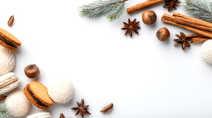 Festive holiday flat lay with cookies, cinnamon sticks, star anise, hazelnuts and pine branches on white background, copy space