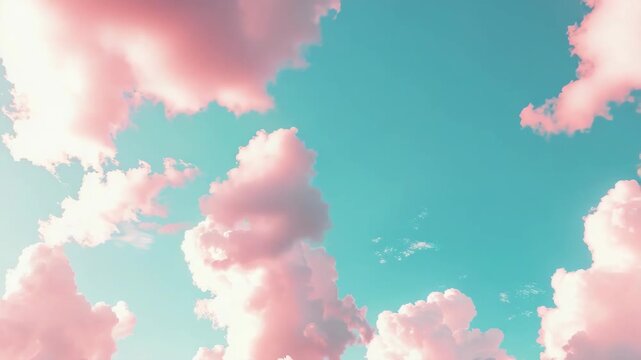 This is a of a sky painted in hues of pink and blue, with fluffy clouds scattered throughout.