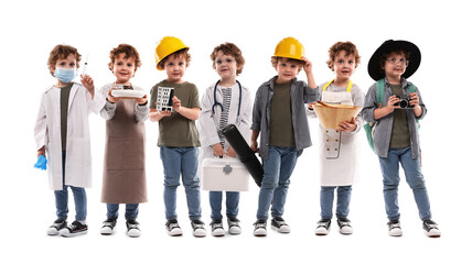 Little kid in different clothes on white background, collage. Choice of profession. Same boy...