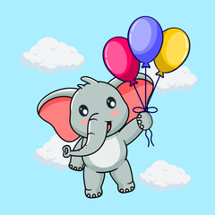 Cute Baby Elephant Flying with Colorful Balloons Vector Illustration Isolated Cartoon Kawaii Design 