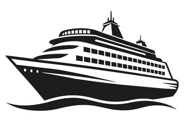 Obraz premium Black and white ship is sailing through the ocean waves in silhouette style