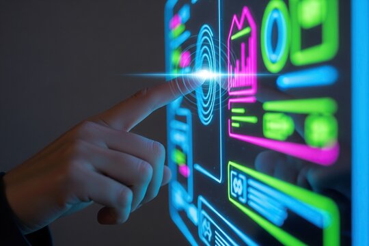 Fingertip interacts with a bright, glowing digital interface, selecting a data point on a futuristic screen, seamless touch technology