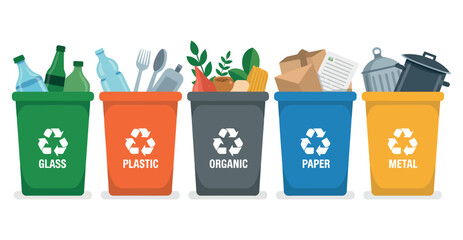 Colorful recycling bins overflowing with sorted waste for a cleaner environment