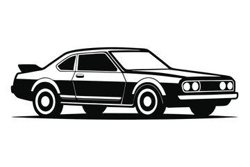 Black and white vintage coupe displays spoiler with smooth curves on a solid background