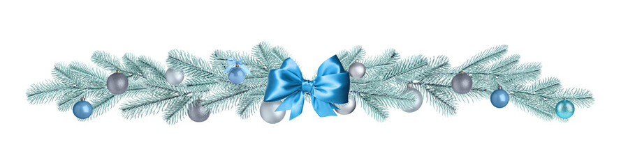 Christmas garland with fir tree branches and festive ornaments on white background