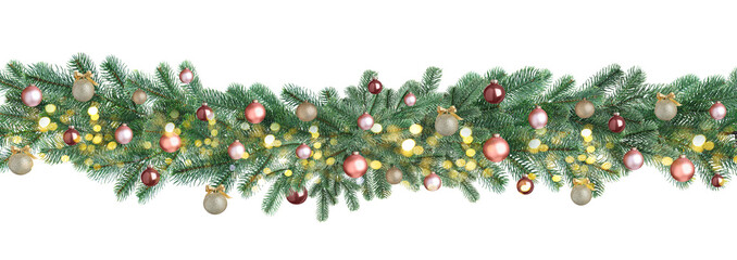 Christmas garland with fir tree branches, festive ornaments and lights on white background © New Africa