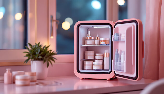 Pink mini skincare refrigerator with beauty products on a vanity