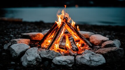 A vibrant bonfire flames brightly, encircled by stones, casting a warm glow on a dark beachside setting.
