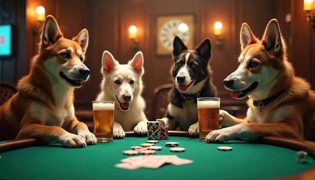 Four dogs play poker with beer at a table. They hold cards and chips, enjoying a fun night out. The pets look happy and social, creating a lively atmosphere for friends.