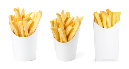 Tasty French fries in paper takeout containers isolated on white, set
