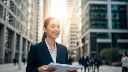 Confident businesswoman strides through a sunlit city street holding documents, embodying success and ambition.