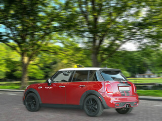 Taxi with top sign driving on road. Motion blur effect