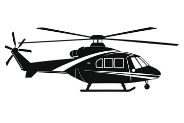 Black helicopter flies silently across the sky with its rotor blades spinning rapidly