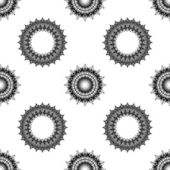 Seamless watercolor pattern featuring circular black and white decorative mandala designs arranged in a continuous repeating layout on a white background, creating an elegant ornamental surface.