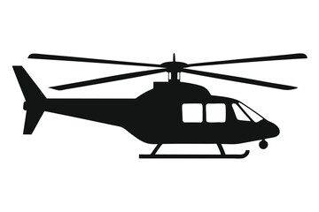 Black helicopter silhouette showcases distinct rotor blades, fuselage, and landing gear against a white background