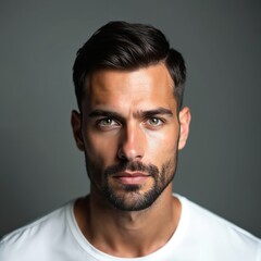 Obraz premium Young man with stylish short haircut and beard. He has green eyes and wears a white t-shirt. Poses indoors against a neutral gray background for a studio portrait. Confident gaze.