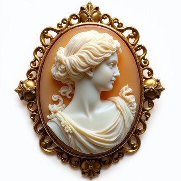 Ornate gold frame holds antique cameo brooch with ivory woman bust relief. Elegant vintage accessory on white background. Old world charm fine jewelry piece.