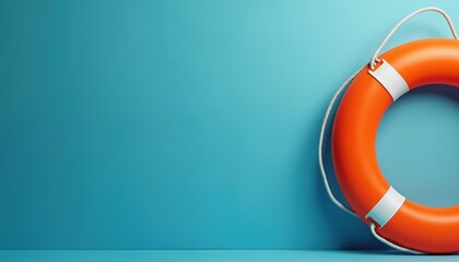 Bright orange life buoy with white straps, rope rests on clear blue studio background. Essential water safety equipment protection, rescue. Suggests swimming, beach, pool safety, offering simple