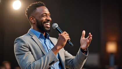 Smiling man talks into microphone with open hand gesture. Energetic speaker captivates audience with lively speech, sharing ideas on stage. Confident man presents topic passionately.