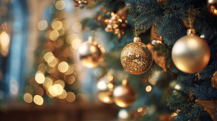 Close-up of a Christmas tree adorned with baubles, set against a bokeh background  perfect for holiday-themed design.
