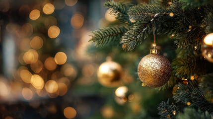 Close-up of a Christmas tree adorned with baubles, set against a bokeh background  perfect for holiday-themed design.
