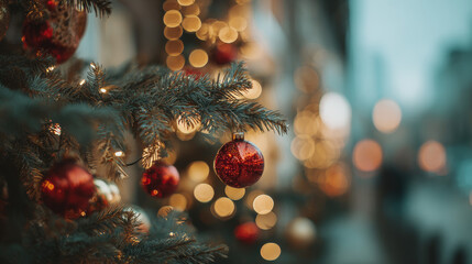 Close-up of a Christmas tree adorned with baubles, set against a bokeh background  perfect for holiday-themed design.
