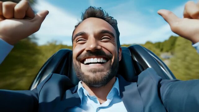 happy smiling business man in a suit enjoying a thrilling roller coaster ride on a sunny day