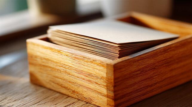 Stack of blank white note cards in a wooden holder on a table, captured in warm natural light, symbolizing organization, minimal workspace aesthetics and creative planning.