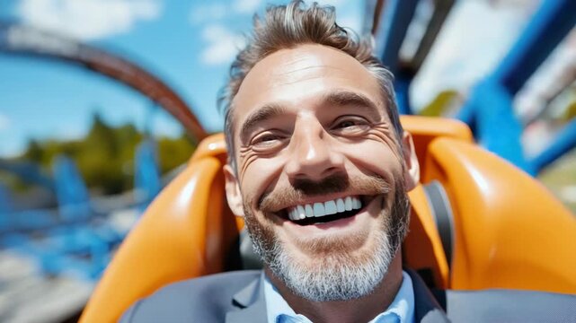 happy smiling business man in a suit enjoying a thrilling roller coaster ride on a sunny day
