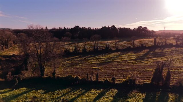 Drone: Sunset over meadows and river, Midleton, Cork, Ireland