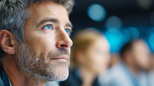Portrait of thoughtful middle-aged man looking forward in a modern indoor setting, symbolizing focus, leadership, vision and professional mindset within contemporary work culture.