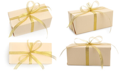 Gift box with golden bow isolated on white, collage