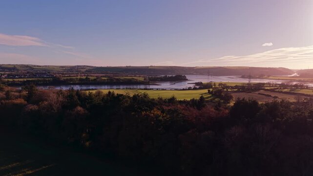 Drone: Sunset over meadows and river, Midleton, Cork, Ireland
