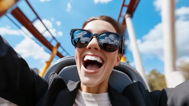 happy smiling business woman in a suit enjoying a thrilling roller coaster ride on a sunny day