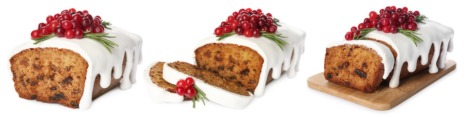 Christmas cake decorated with cranberries and rosemary isolated on white, set