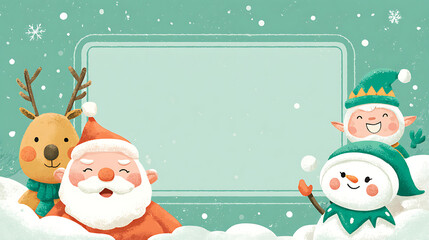 Cute Christmas illustration with Santa, reindeer, elf and snowman around a large blank space for text, set in a snowy, playful winter scene. Perfect for holiday cards and festive designs.