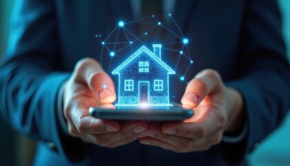 Hands hold smartphone displaying glowing digital house model connected by network lines. Concept smart home tech innovation and digital real estate.