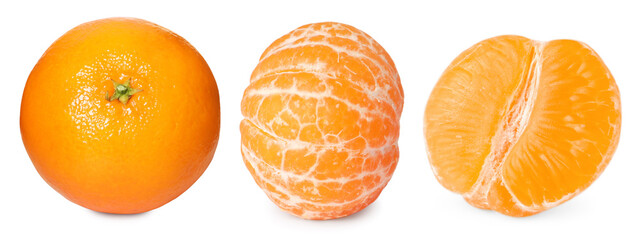 Fresh tangerines isolated on white, set. Citrus fruit