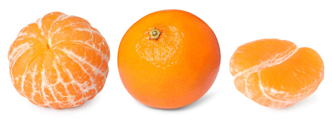 Fresh tangerines isolated on white, set. Citrus fruit