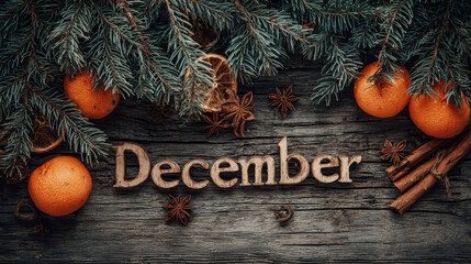 Festive background featuring fir branches, dried oranges, star anise, and cinnamon sticks, with “December” displayed on a wooden surface.
