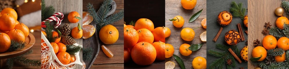 Collage with fresh tangerines, banner design. Christmas citrus fruit