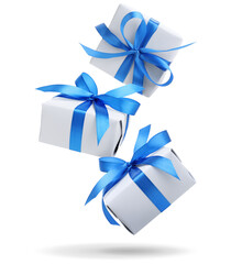 Gift boxes falling on white background. Present