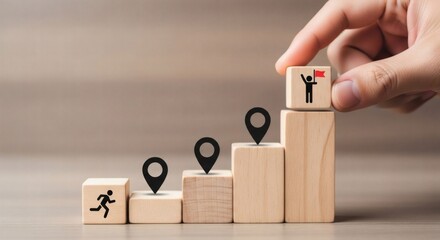 Career growth roadmap concept. Hand stacking blocks into steps illustrating structured progress and clear milestones toward success.
