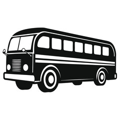 Black silhouette depicts a vintage bus with windows, tires, and front details cleanly illustrated